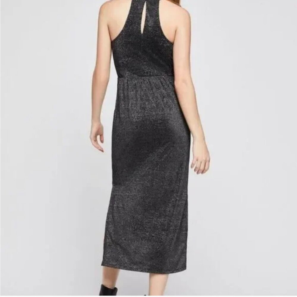 BCBG GENERATION METALLIC BLACK SURPLICE MIDI POCKET DRESS - Picture 3 of 13